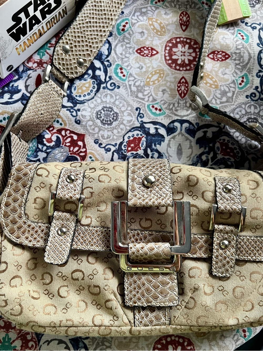 Vintage Y2K Guess Beige Monogram Shoulder Bag.